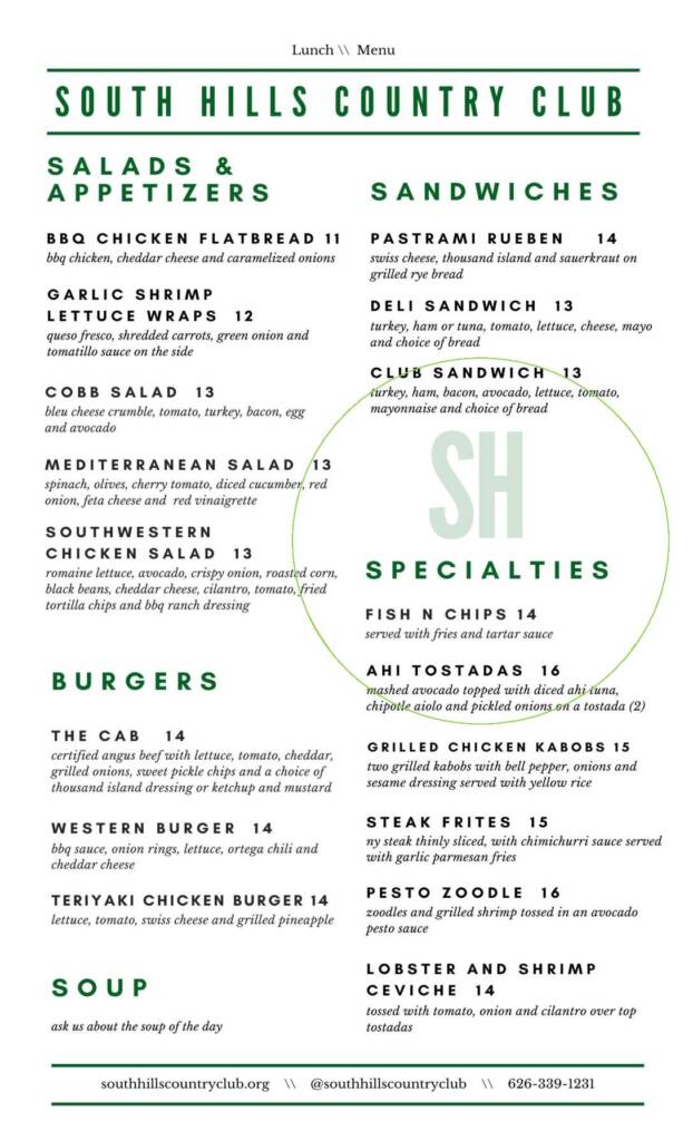 Menus South Hills Country Club
