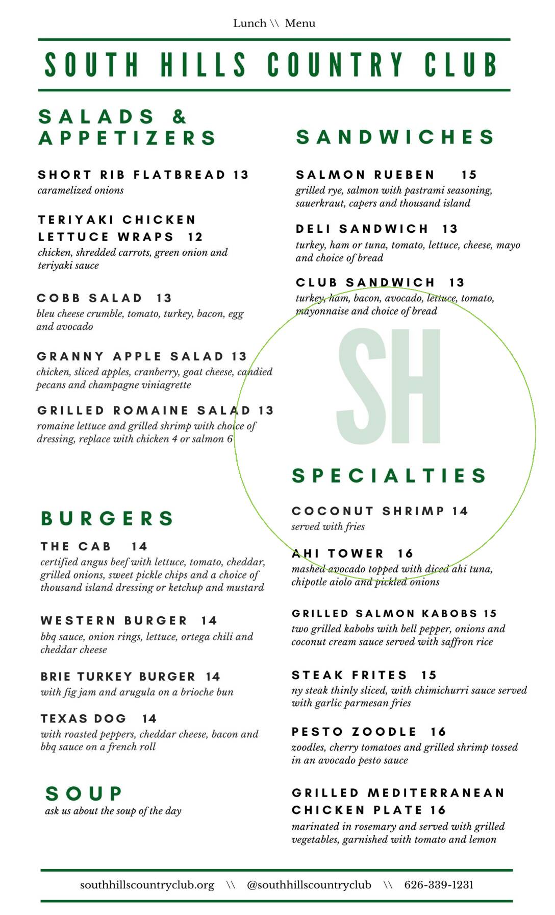 Menus South Hills Country Club